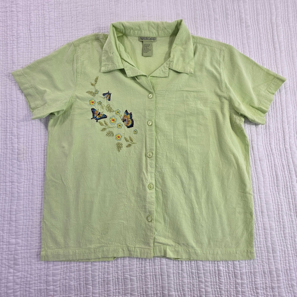 Fashion Classics Lime Green Butterfly Embroidered Cotton Shirt Top EUC Womens XL